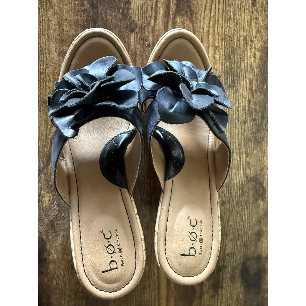 BOC Born Concept Sandals Womens 8M Cork Platform Wedge Black Leather Flower - Picture 5 of 7